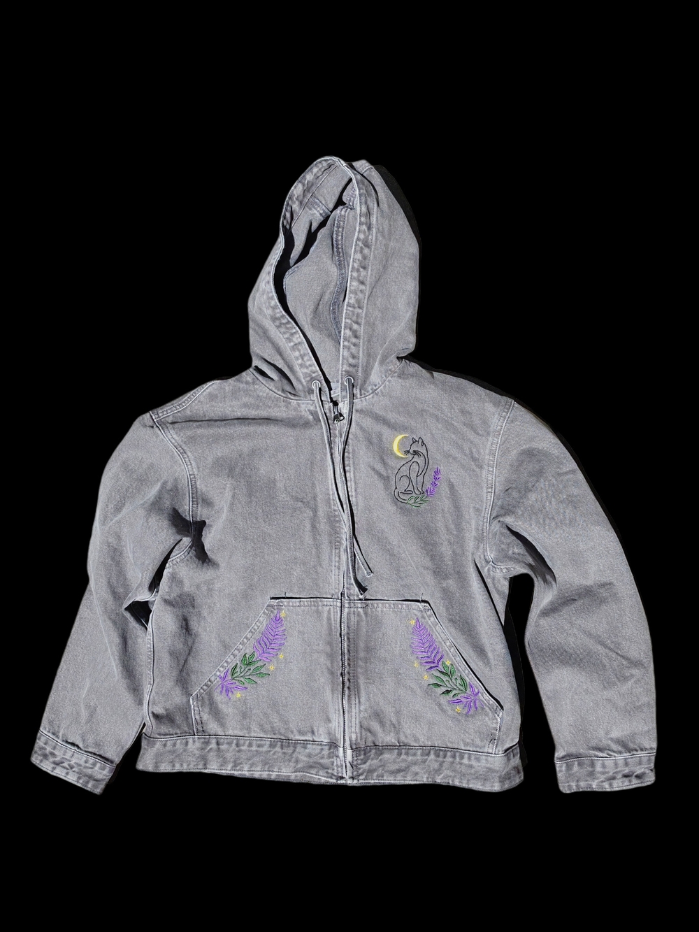 Upcycled Embroidered Celestial Black Cat Faded Gray Zip Hoodie Jacket. Womens S - Picture 8 of 9